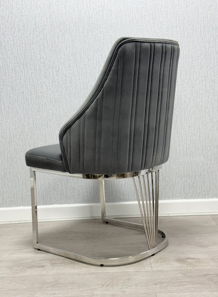 Louis Chrome Round Marble 130cm Dining Table With Carlton Velvet Dining Chairs