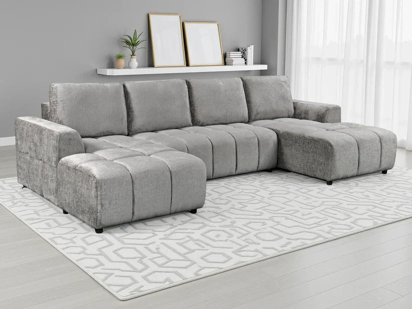 Sena Large Grey Plush Velvet Luxury U Shape Sofabed Sofa