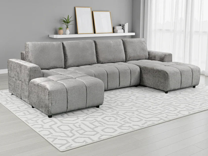 Sena Large Grey Plush Velvet Luxury U Shape Sofabed Sofa