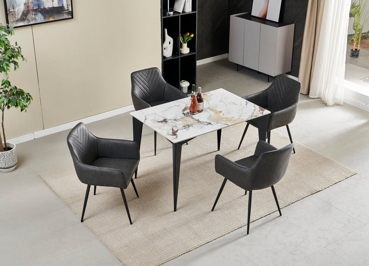 Miami 120cm Cream Gold Dining Table With Ceramic Top + Grey PU Leather Dining Chairs