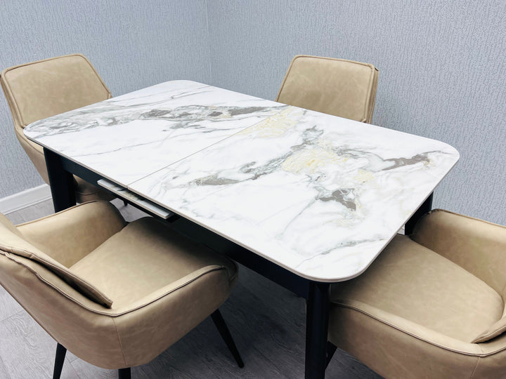Arizona 130-160cm Cream/Gold Ceramic Stone Extending Marble Dining Table