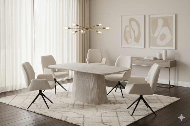 Davos 160cm Cream Ceramic Marble Dining Table With Beige 360 Swivel Velvet Dining Chairs