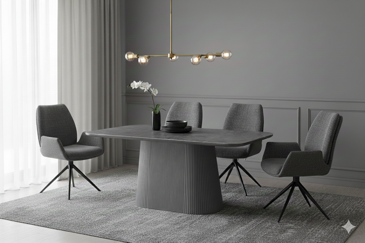 Davos 180cm Grey Ceramic Marble Dining Table With Grey 360 Swivel Velvet Dining Chairs
