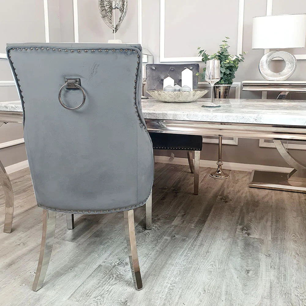 Louis Marble & Chrome Dining Table With Chrome Ring Knocker Velvet Chairs