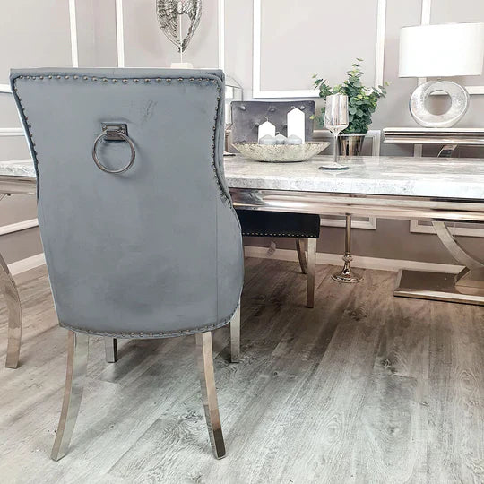 Arianna Marble & Chrome Dining Table With Chrome Ring Knocker Velvet Chairs