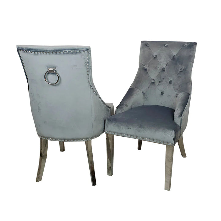 Louis Marble & Chrome Dining Table With Chrome Ring Knocker Velvet Chairs