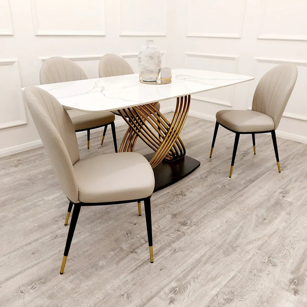Orion Gold 180cm Dining Table with Polar White Sintered Stone Top + Etta Beige PU Leather Dining Chairs-Esme Furnishings