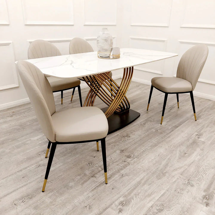 Orion Gold 180cm Dining Table with Polar White Sintered Stone Top + Etta Beige PU Leather Dining Chairs-Esme Furnishings