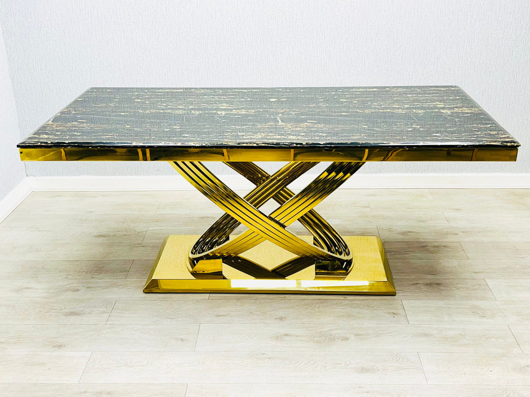 Elina Marble & Gold Dining Table With Vermont Cream Gold Velvet Dining Chairs Crystals