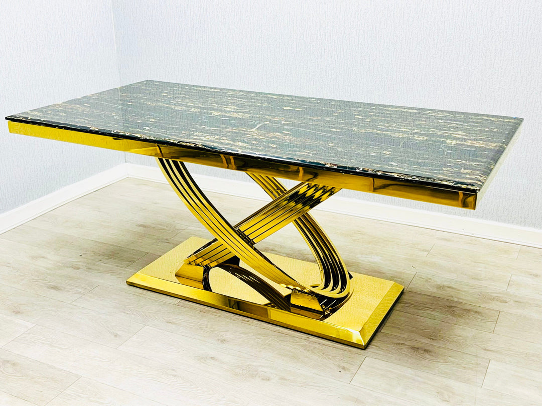 Elina Marble & Gold Dining Table With Vermont Cream Gold Velvet Dining Chairs Crystals