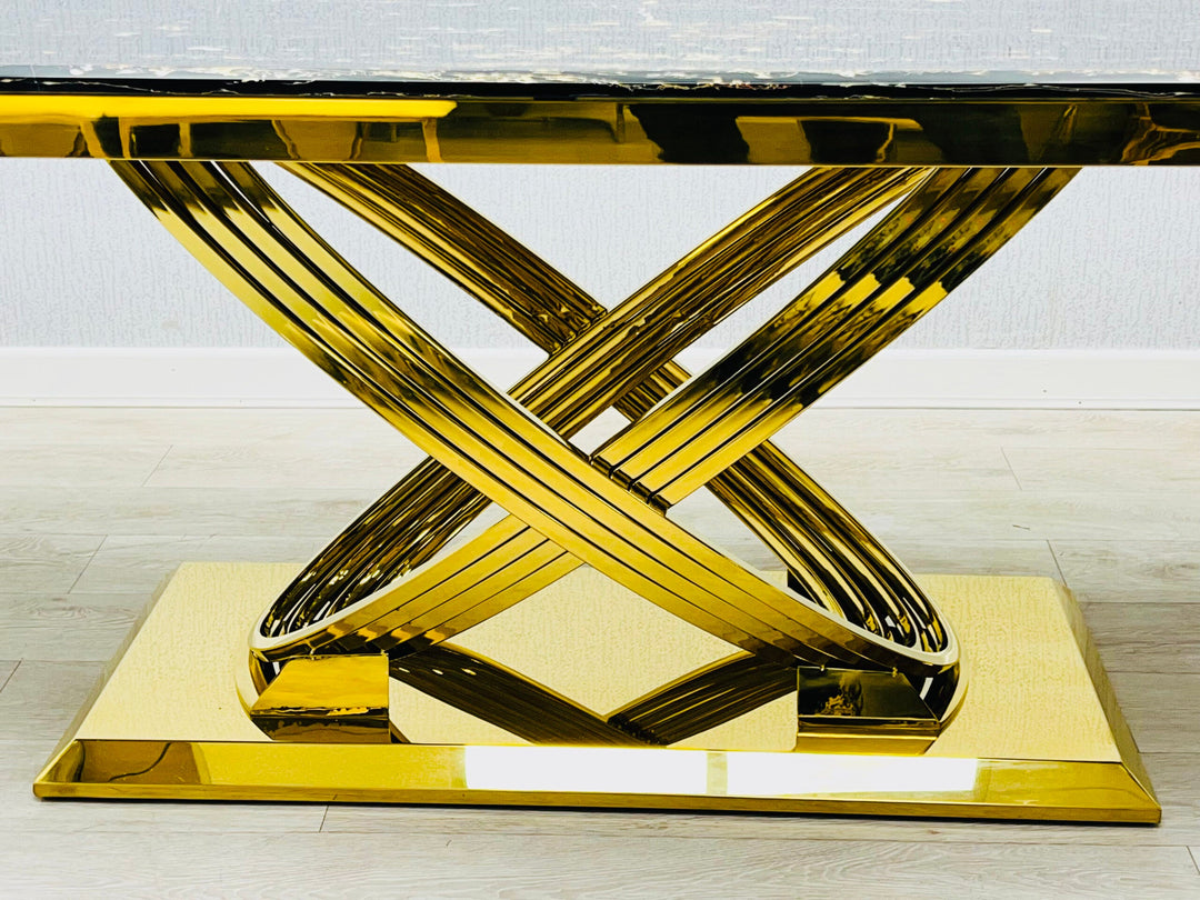 Elina Marble & Gold Dining Table With Vermont Cream Gold Velvet Dining Chairs Crystals