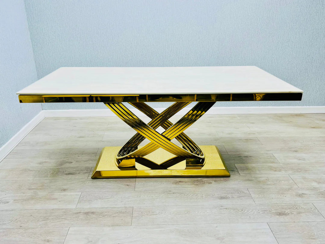 Elina 180cm Gold Dining Table With Porto Gold Leathaire Fabric Chairs Gold Legs
