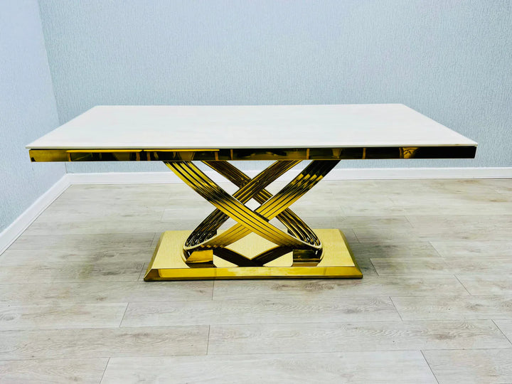 Elina 180cm Gold Dining Table With Porto Gold Leathaire Fabric Chairs Gold Legs