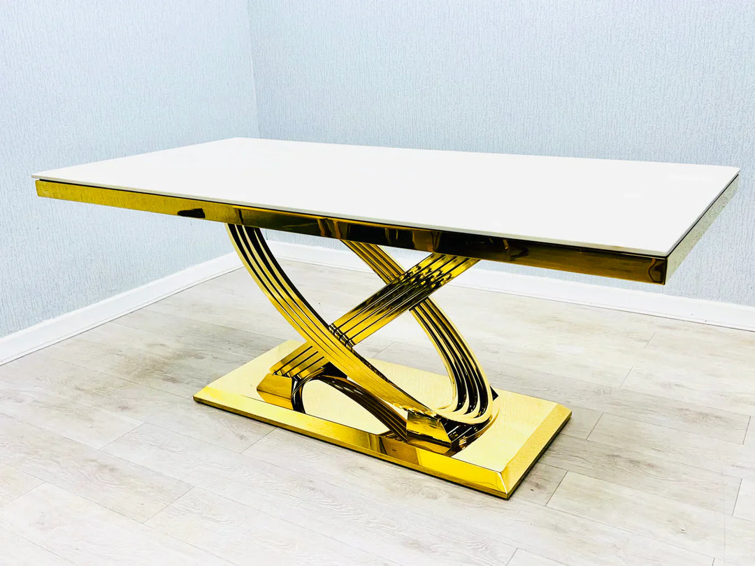 Elina 180cm Gold Dining Table With Santos Velvet Gold Chairs