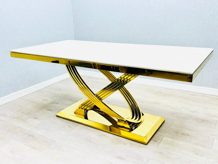 Elina 180cm Gold Dining Table With Porto Gold Leathaire Fabric Chairs Gold Legs