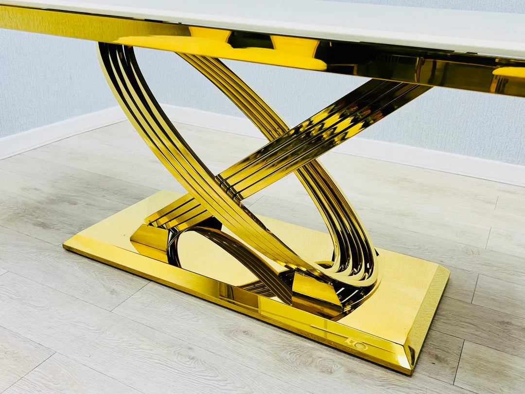 Elina 180cm Gold Dining Table With Porto Gold Leathaire Fabric Chairs Gold Legs