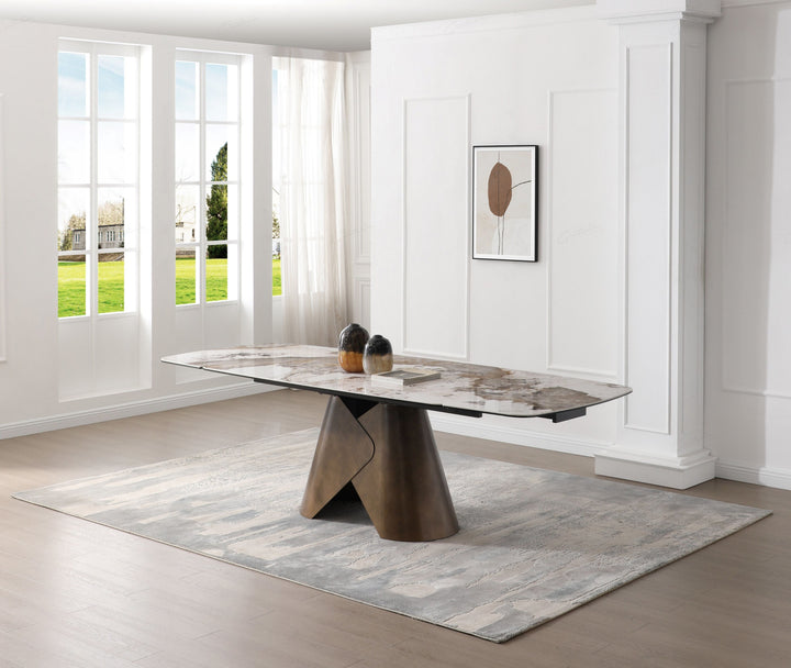 Feretti 180-260cm Italian Pandora Ceramic Marble Side Extending Dining Table With Milo Walnut Wooden Dining Chairs