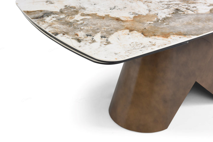 Feretti 180-260cm Italian Pandora Ceramic Marble Side Extending Dining Table With Milo Walnut Wooden Dining Chairs