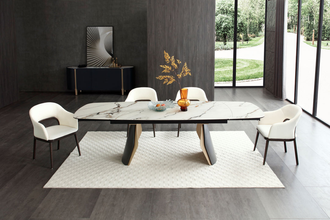 Fidenza 180-260cm Italian Black Ash & Calacatta Verde Ceramic Marble Side Extending Dining Table With Milo Walnut Wooden Dining Chairs