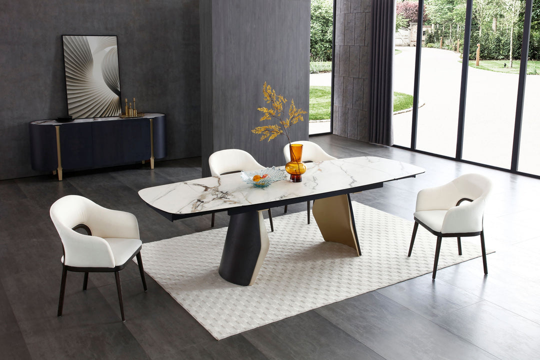 Fidenza 180-260cm Italian Black Ash & Calacatta Verde Ceramic Marble Side Extending Dining Table With Milo Walnut Wooden Dining Chairs