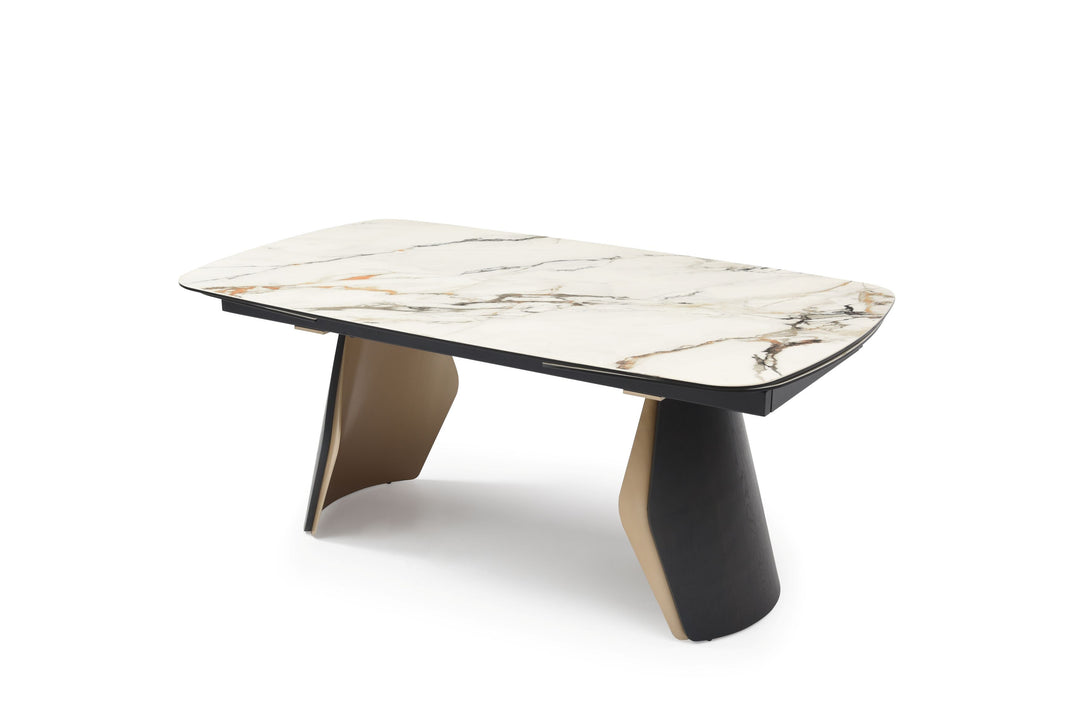 Fidenza 180-260cm Italian Black Ash & Calacatta Verde Ceramic Marble Side Extending Dining Table With Milo Walnut Wooden Dining Chairs
