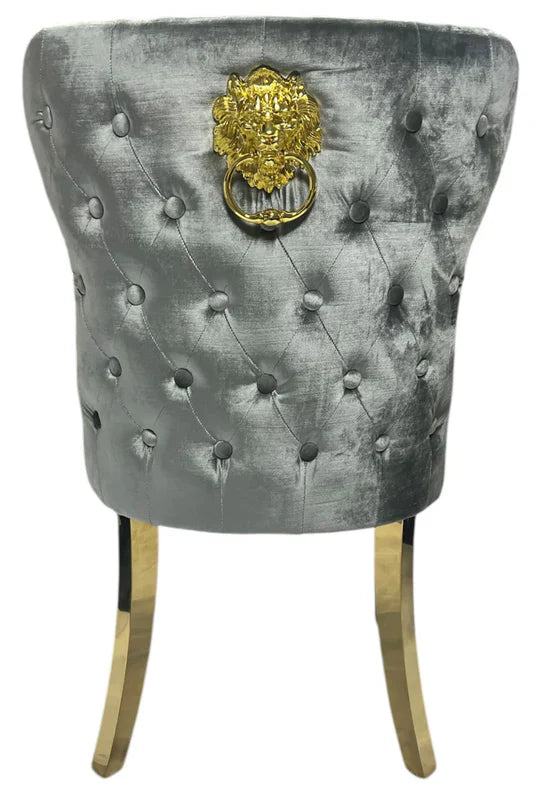 Arianna Marble & Gold Dining Table With Valente Gold Lion Knocker Velvet Chairs