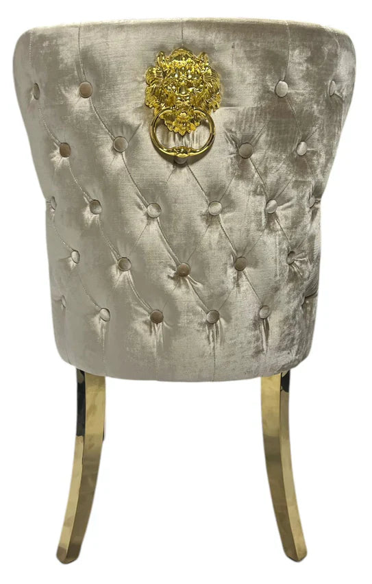 Arianna Marble & Gold Dining Table With Valente Gold Lion Knocker Velvet Chairs