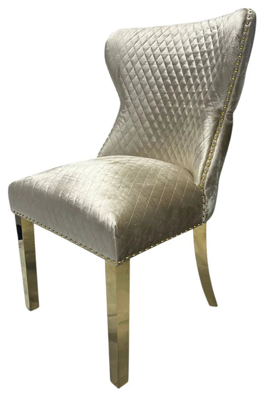 Arianna Marble & Gold Dining Table With Valente Gold Lion Knocker Velvet Chairs