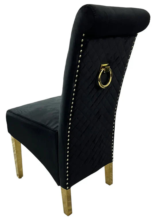 Louis Marble & Gold Dining Table With Lucy Quilted Gold Ring Knocker Velvet Chairs