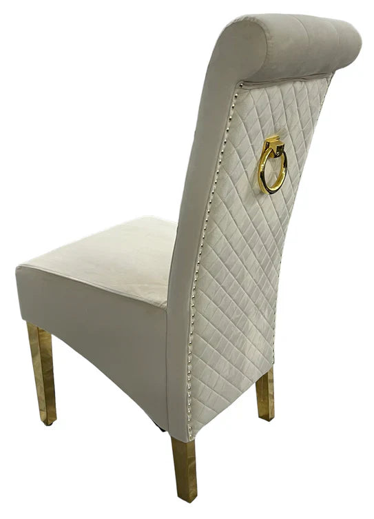 Lucy Gold Ring Knocker Quilted Slim Back Gold Plush Velvet Dining Chair Gold Legs In 3 Colours