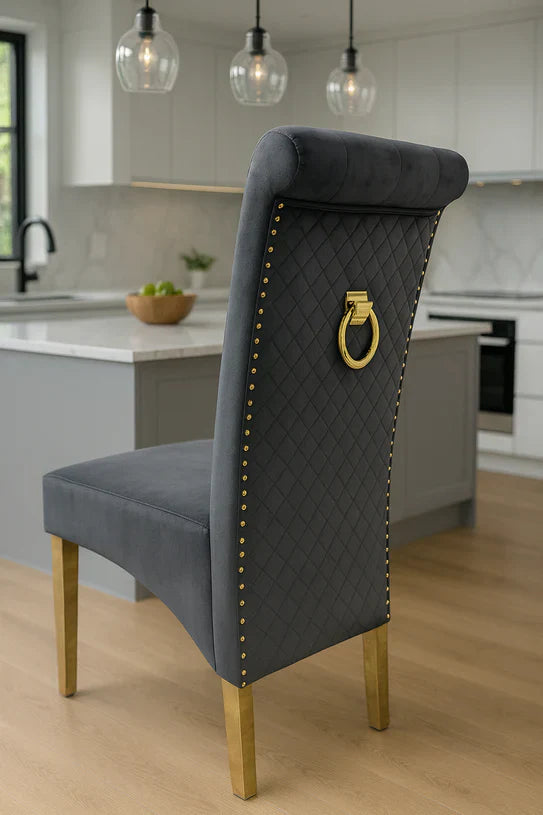 Mayfair 180CM Gold Marble Dining Table With Lucy Gold Ring Knocker Quilted Dining Chairs
