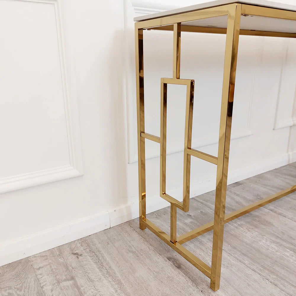Geo Gold Console Table with Polar White Sintered Top-Esme Furnishings