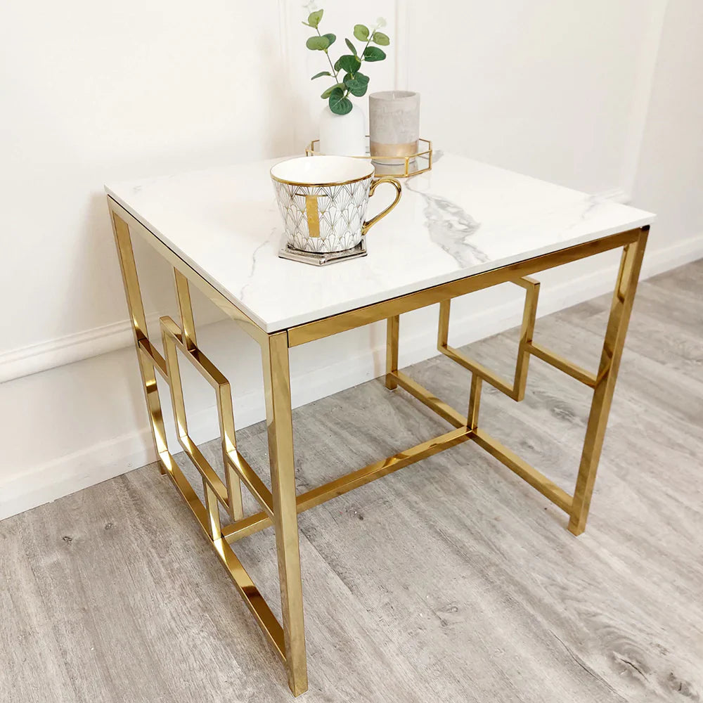 Geo Gold Lamp Side Table with Polar White Sintered Top-Esme Furnishings