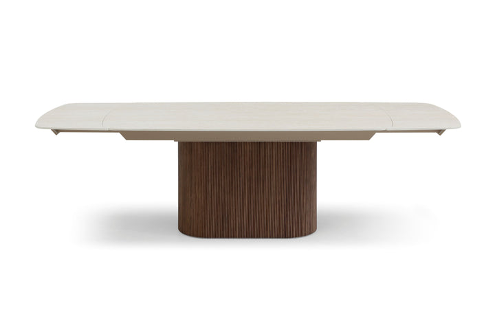 Ginevra 180-260cm Italian Walnut & White Travertine Ceramic Marble Side Extending Dining Table With Milo Walnut Wooden Dining Chairs