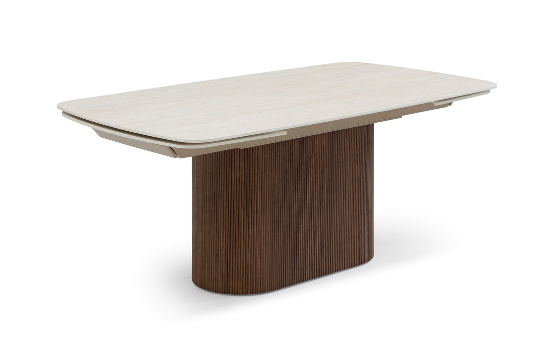 Ginevra 180-260cm Italian Walnut & White Travertine Ceramic Marble Side Extending Dining Table With Milo Walnut Wooden Dining Chairs