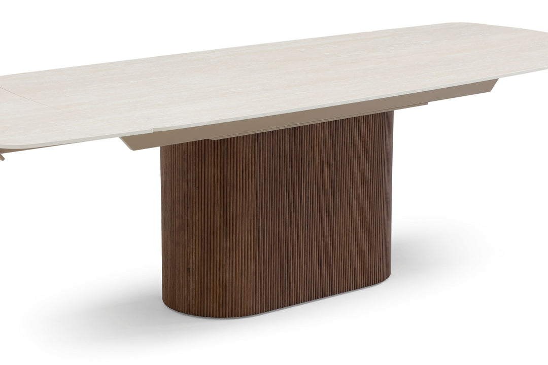 Ginevra 180-260cm Italian Walnut & White Travertine Ceramic Marble Side Extending Dining Table With Milo Walnut Wooden Dining Chairs