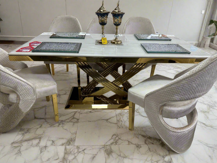 Elina 180cm Gold Dining Table With Santos Velvet Gold Chairs
