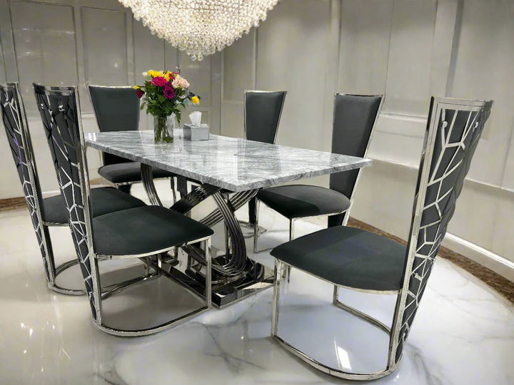 Elina 180cm Chrome Grey Marble Dining Table With Florence High Back Velvet Chrome Chairs