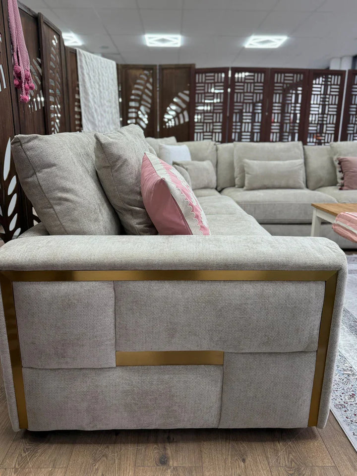 Berlin Sofa Beige Velvet Gold Trim Corner Sofa