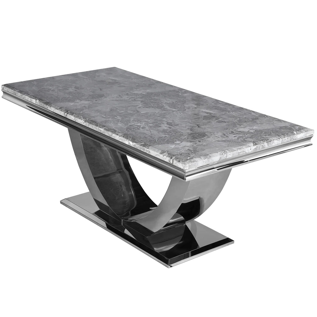 Arial Marble & Chrome Dining Table + Chrome Ring Knocker Velvet Chairs