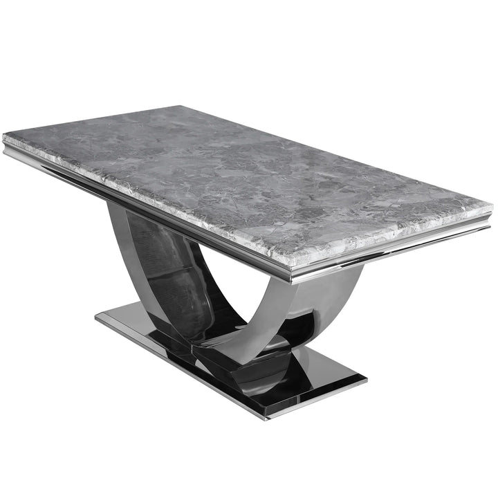 Arial Marble & Chrome Dining Table + Chrome Ring Knocker Velvet Chairs