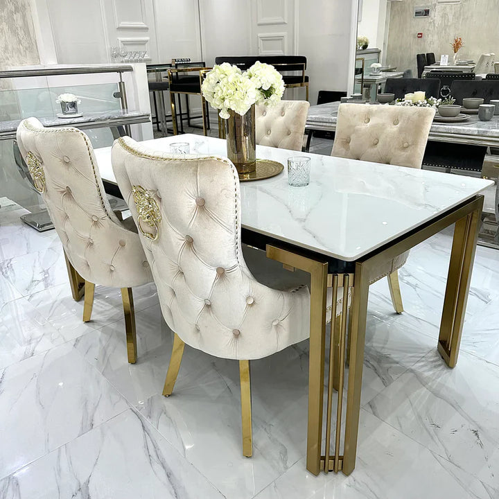 Sorrento 180cm Gold Dining Table with White Ceramic Marble Top + Cream/Gold Lion Knocker Velvet Chairs