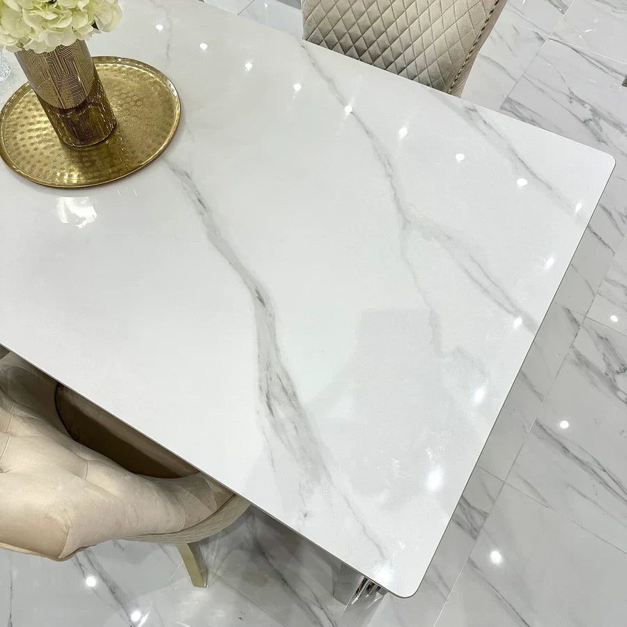Sorrento 150cm Gold Dining Table with White Ceramic Marble Top + Cream/Gold Lion Knocker Velvet Chairs