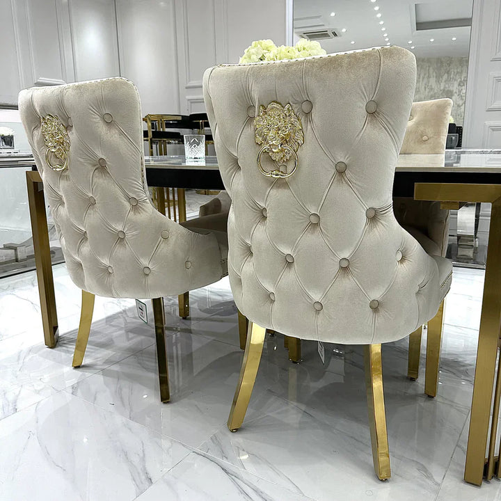 Sorrento 150cm Gold Dining Table with White Ceramic Marble Top + Cream/Gold Lion Knocker Velvet Chairs