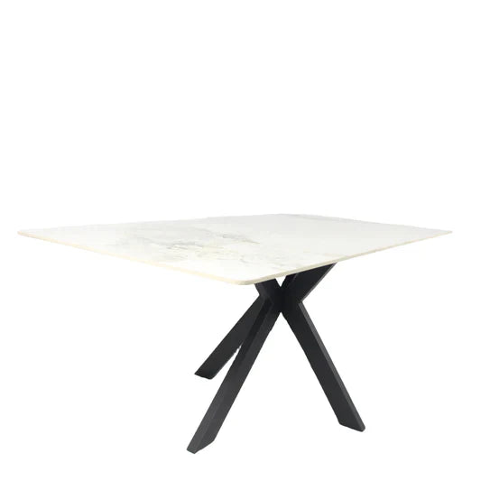 Phoenix 180cm White Ceramic Marble Dining Table With Grey Velvet Black Ring Chairs