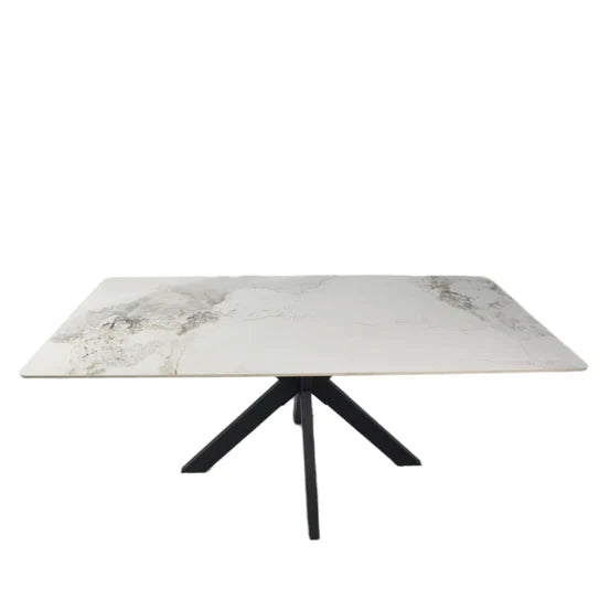 Phoenix 180cm White Ceramic Marble Dining Table With Grey Velvet Black Ring Chairs