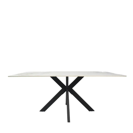 Phoenix 180cm White Ceramic Marble Dining Table With Grey Velvet Black Ring Chairs
