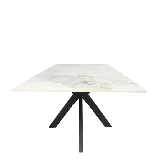 Phoenix 180cm White Ceramic Marble Dining Table With Grey Velvet Black Ring Chairs