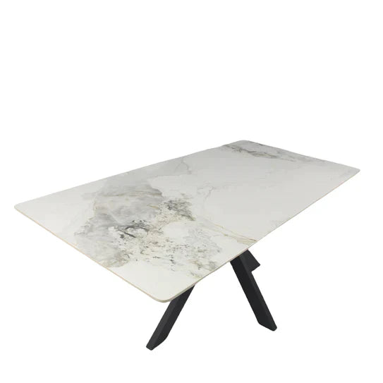 Phoenix 180cm White Ceramic Marble Dining Table With Grey Velvet Black Ring Chairs