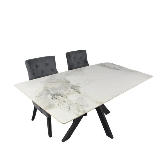 Phoenix 180cm White Ceramic Marble Dining Table With Grey Velvet Black Ring Chairs